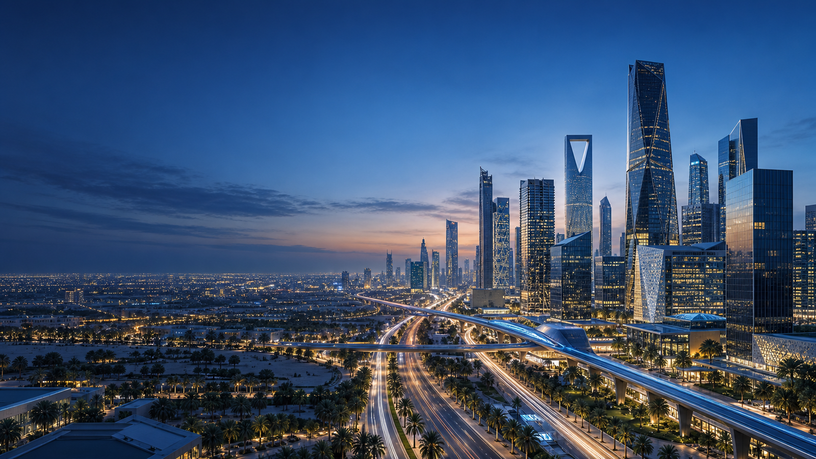 Riyadh infrastructure and connected mobility at blue hour